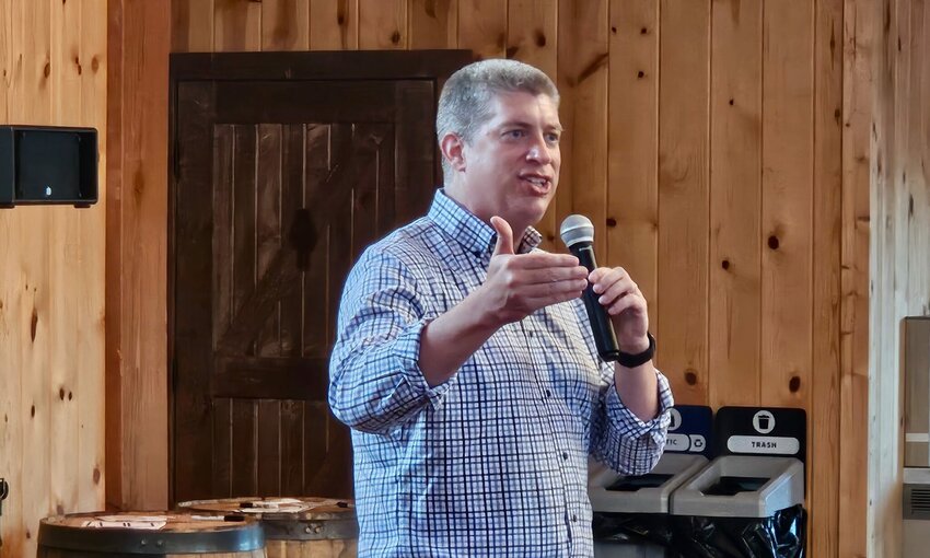 State Sen. Bill Eigel of Weldon Spring speaks at a July 2 campaign rally in Springfield.