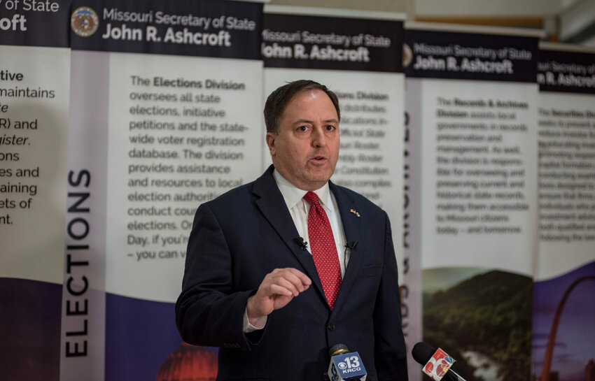 Missouri Secretary of State Jay Ashcroft speaks to reporters Dec. 20 about the Colorado Supreme Court’s decision to bar former president Donald Trump from the Colorado ballot