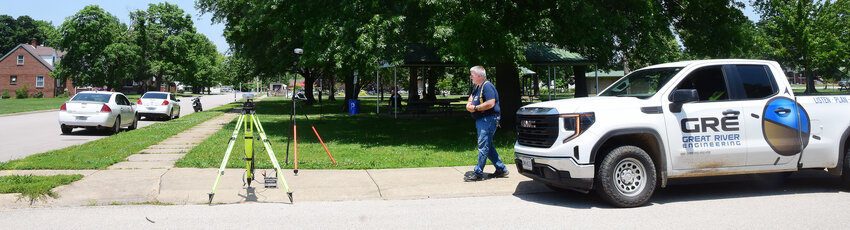 GREAT RIVER Engineering has begun surveying for a sidewalk improvement project in Owensville with grant funds awarded the city through the Transportation Alternative Program (TAP). Surveying was in progress Monday along Fourth Street at Buschmann Park.