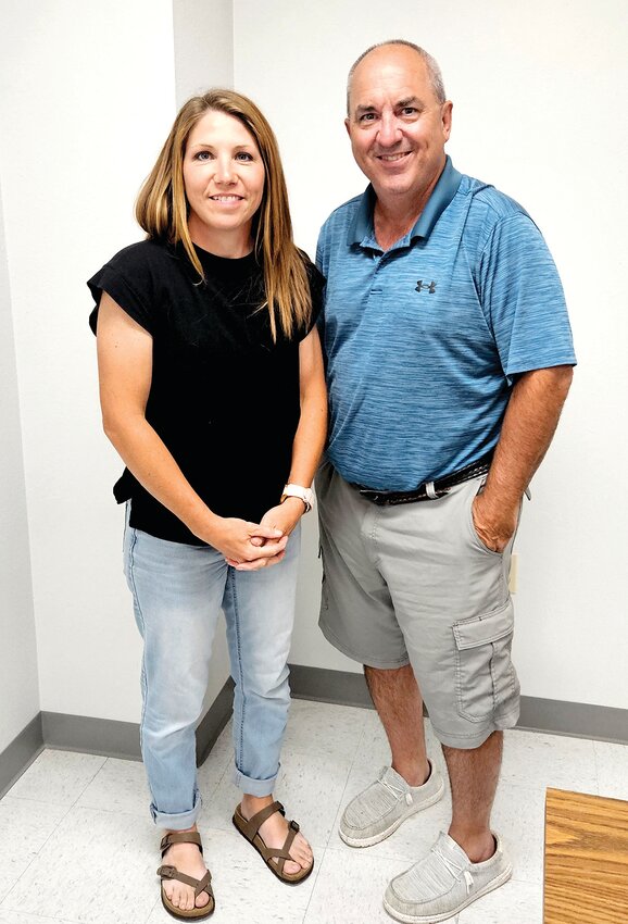 New Freeburg Village Clerk Danielle Holterman attended her first meeting this month, and is shown with Mayor Darryl Haller.