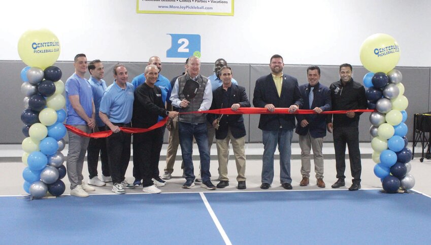Centerline Pickleball ownership cuts the ribbon with local dignitaries including Warwick Mayor Frank Picozzi and Cranston Mayor Ken Hopkins