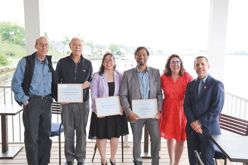 Jim Corwin and Warren Heyman of the RI School Recycling Project along with fellow award winners, State Rep. Megan Cotter and Pawtucket City Councilman Clovis Gregor. They were joined by Emily Howe, executive director of Clean Water Action and Jed Thorp, Save the Bay’s director of advocacy.