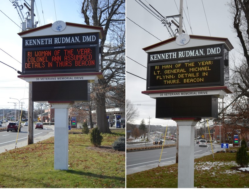 AND THE WINNER IS: The sign in front of Dr. Rudman's office displayed the names of the &quot;winners&quot; of his contest for man and woman of the year in Rhode Island for 2017.