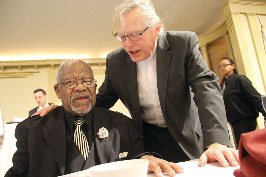 CELEBRATING MLK: Reverend Dr. Sammy Vaughan, past president of the Rhode Island Ministers Alliance, and Rev. Donald Anderson, executive minister of the Rhode Island State Council of Churches, at Monday&rsquo;s breakfast.