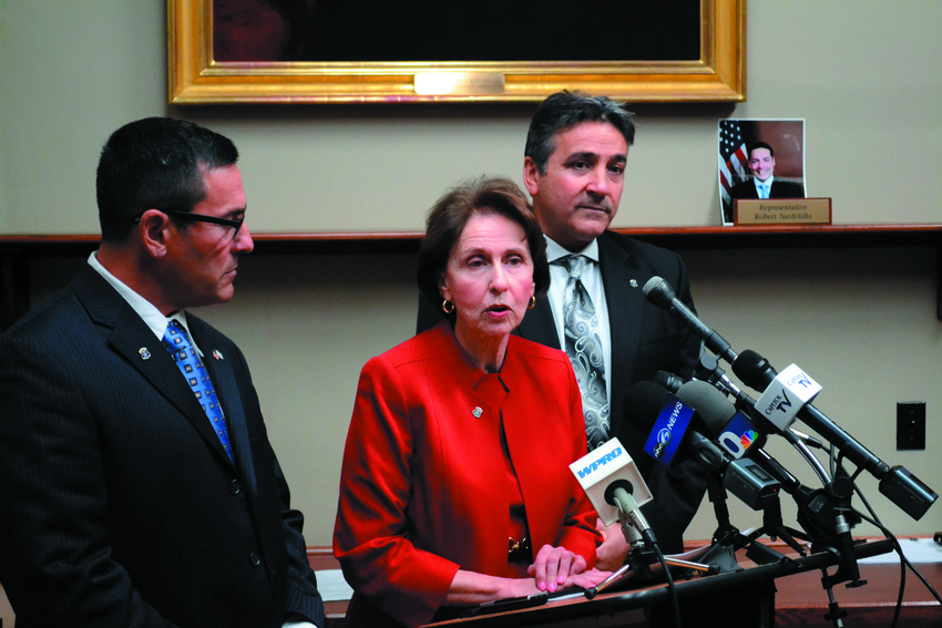 REPUBLICAN RESPONSE: House minority leader Patricia Morgan (Coventry, Warwick, West Warwick) speaks during her GOP version of the State of the State shortly before Governor Raimondo spoke on Tuesday evening. She is flanked by Republican representatives Anthony Giarrusso (East Greenwich, West Greenwich) and Robert Quattrocchi (Scituate, Cranston).