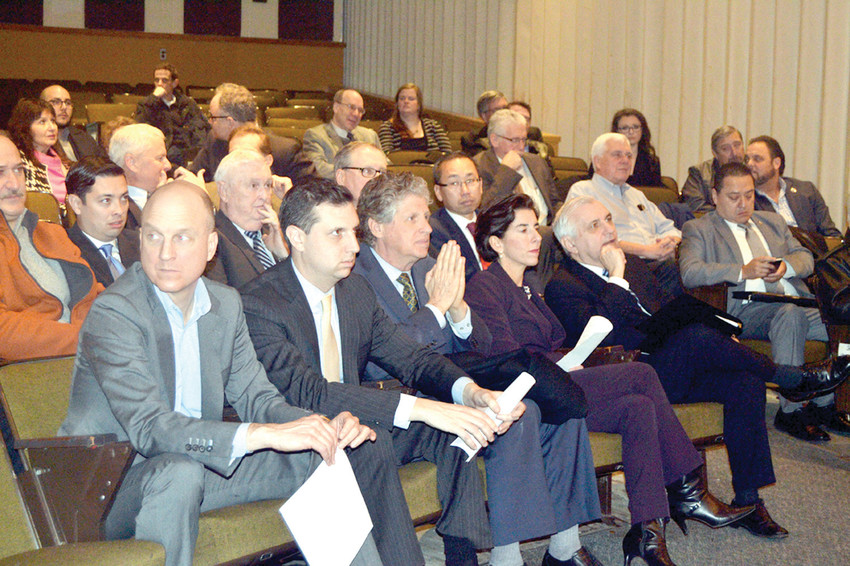 COMPLETE CONTINGENT: Commissioner of Education Dr. Ken Wagner (left) , Treasurer Seth Magaziner, Lt. Gov. Dan McKee, Gov. Gina Raimondo and Sen. Jack Reed visited Johnston High School Friday for Reed&rsquo;s legislative announcement.