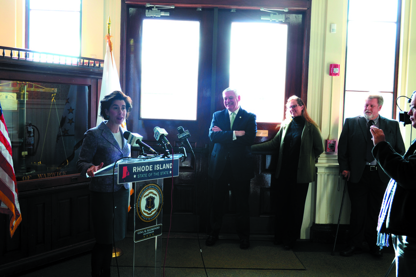 SMALL BIZ BOOST: Governor Gina Raimondo came to Warwick City Hall Wednesday to announce more funding for communities to streamline online permitting processes. Alongside her are Mayor Scott Avedisian, Lauren Slocum (director of the Central Rhode Island Chamber of Commerce) and Phil Slocum of Slocum Realty.