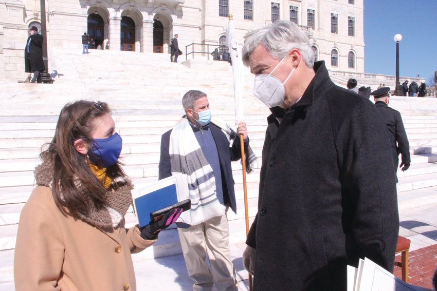 WORD FROM WASHINGTON: U.S. Sen. Sheldon Whitehouse speaks with the media following Sunday&rsquo;s inaugural ceremony for Gov. Dan McKee. &ldquo;He&rsquo;s a true Rhode Islander, humble and able, and I think his dedication to bringing Rhode Island together in solving this is exactly the right message,&rdquo; the senator said of the new governor.