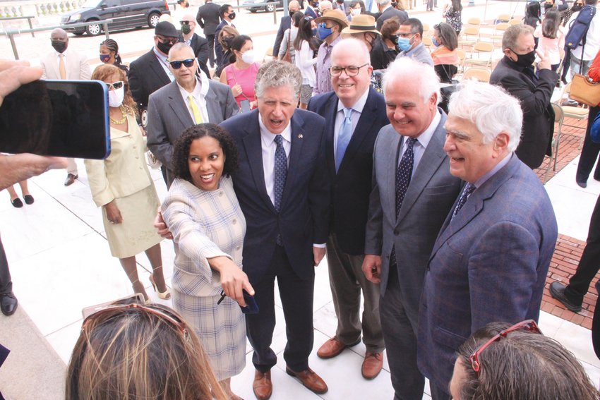 LINEUP OF LT. GOVERNORS: Lt. Gov. Sabina Matos is joined by former lieutenant governors Gov. Dan McKee, Charles Fogarty, Roger Begin and Bernard Jackvony at Sunday&rsquo;s State House ceremony.