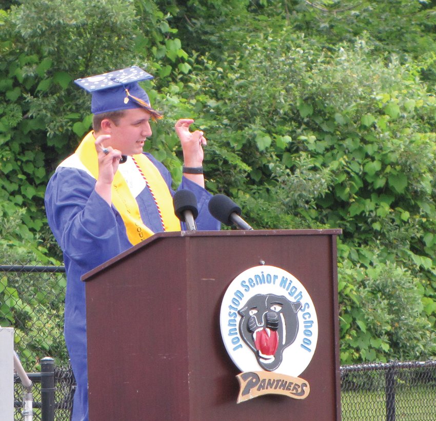 AIR QUOTES: JHS Class of '21 President Nicholas Cronan showed the crowd a pair of air quotes as he delivered his speech during graduation.