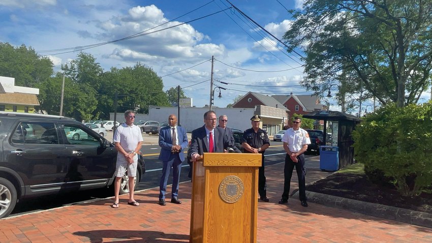 ON THE SQUARE:&nbsp; Ward 6 Councilman Matt Reilly speaks during a press conference on Rolfe Square last week. Also pictured are City Solicitor Chris Millea, Economic Development Director Franklin Paulino, Mayor Ken Hopkins, Police Maj. Robert Quirk and Fire Chief James Warren.