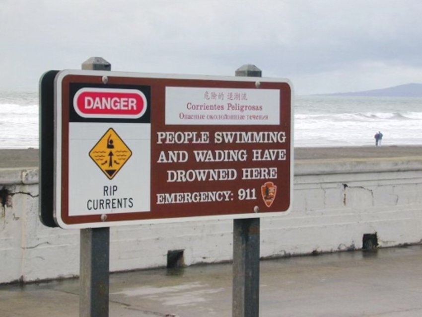 A LARGER WARNING SIGN: Mayor Frank Picozzi is looking at a sign similar to this one as a warning at Conimicut Point beach. The sign would include a QR code that would enable beachgoers to read the warning in multiple languages.