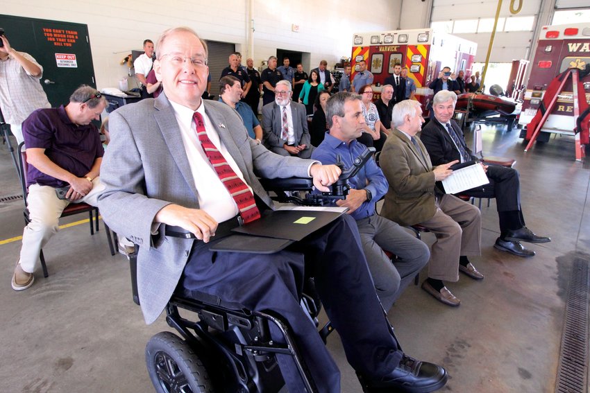 LINED UP: Congressman James Langevin, Mayor Frank Picozzi, and Sens. Jack Reed and Sheldon Whitehouse where given seats in Fire Station 1 Tuesday at an event announcing almost $1 million in federal grants coming to the Warwick Fire Department.