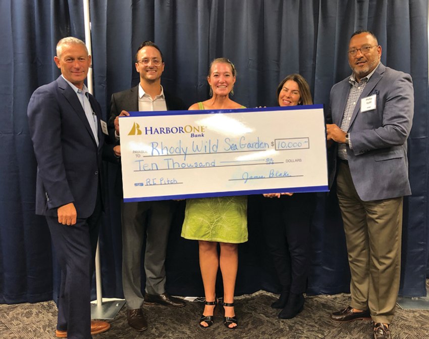 WINNING PITCH: Pictured, from left, are Stephen Gibbons, Regional VP Commercial Lending, HarborOne Bank; Nicholas DelGuidice, general manager and creative director, Providence Media; Azure Cygler, owner of Rhody Wild Sea Gardens; Sandra McNamara, business advisor and marketing consultant; and Phillip Kydd, business consultant and advisor, The Gemini Group, and vice chair of the HarborOne Foundation RI.