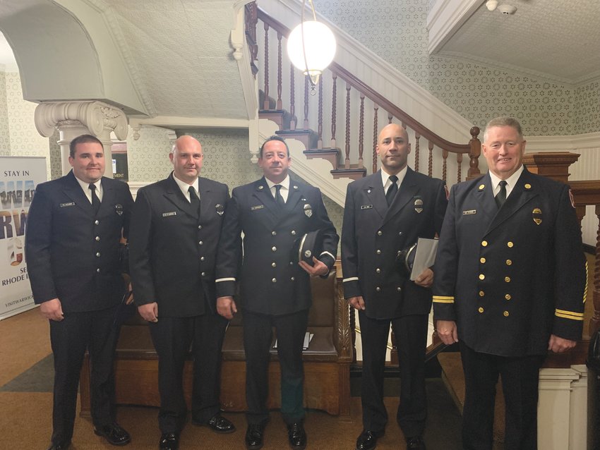 FAMILIAR FACES: When retired Battalion Chief Miles Steere had a &ldquo;widowmaker&rdquo; heart attack on May 14&nbsp; first responders from Engine 3 responded, which is one of the stations Steere was responsible for&nbsp; as battalion chief. During the Nov.15 City Council meeting they were honored for saving Steere&rsquo;s life. Pictured left to right is&nbsp;firefighter Paul Alexander, firefighter Ryan Dursin, Lt. Dan DeRobbio, rescue lieutenant Kevin Rivet, and Steere.&nbsp;