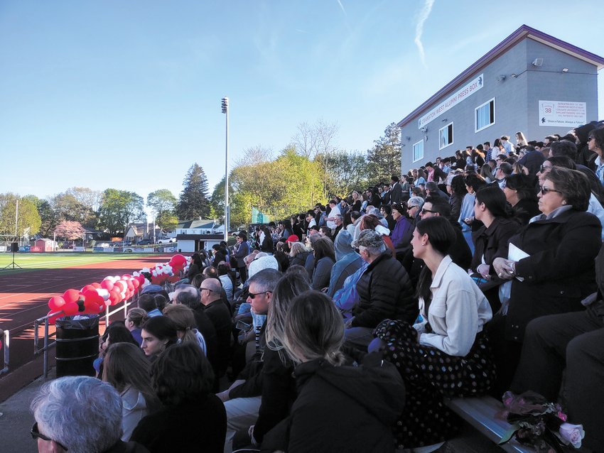 ALL TOGETHER: The 250 students, comprised of both the junior and senior classes, recited their oath together and were inducted into the National Honor Society. (Photo courtesy Cranston Public Schools)