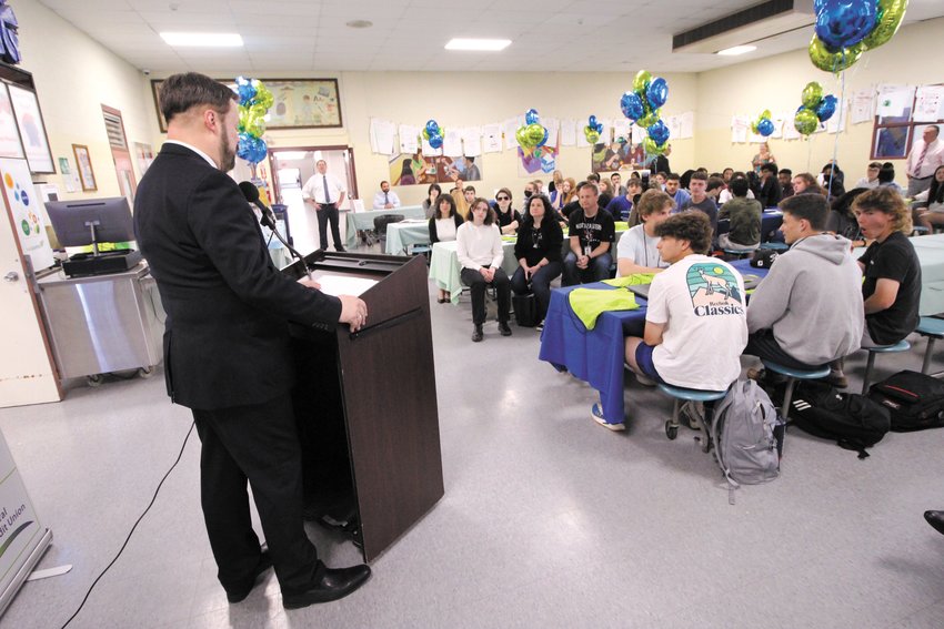 ADDRESSING STUDENTS: David Dup&eacute;r&eacute;, President, and CEO of Wave Federal Credit Union opens Toll Gate&rsquo;s fair by speaking with students.