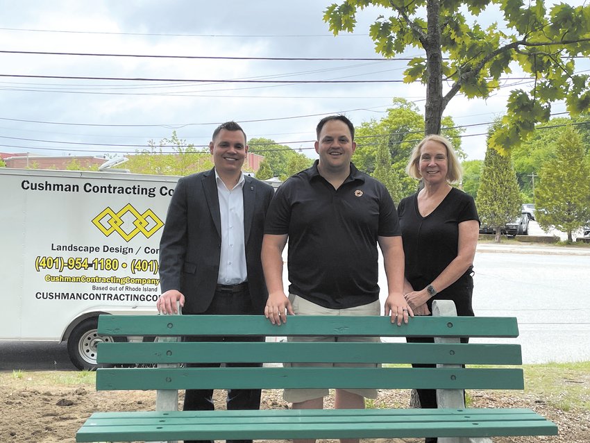 THE BENCH MAKERS: From left: State Representative  Brandon Potter, Cranston Cares Co-Founder Justin Erickson and Senator Hanna Gallo made these benches possible.