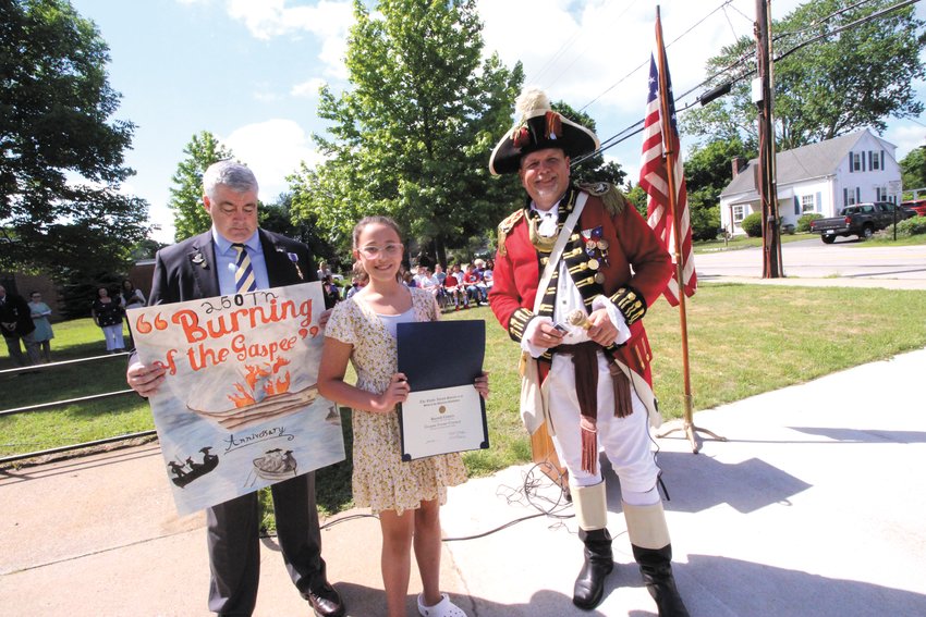 ARTISTIC VISION:  Hannah Camara accepts her award with Sons of the American Revolution members, left to right, Joe Bennett and Ron Barnes.