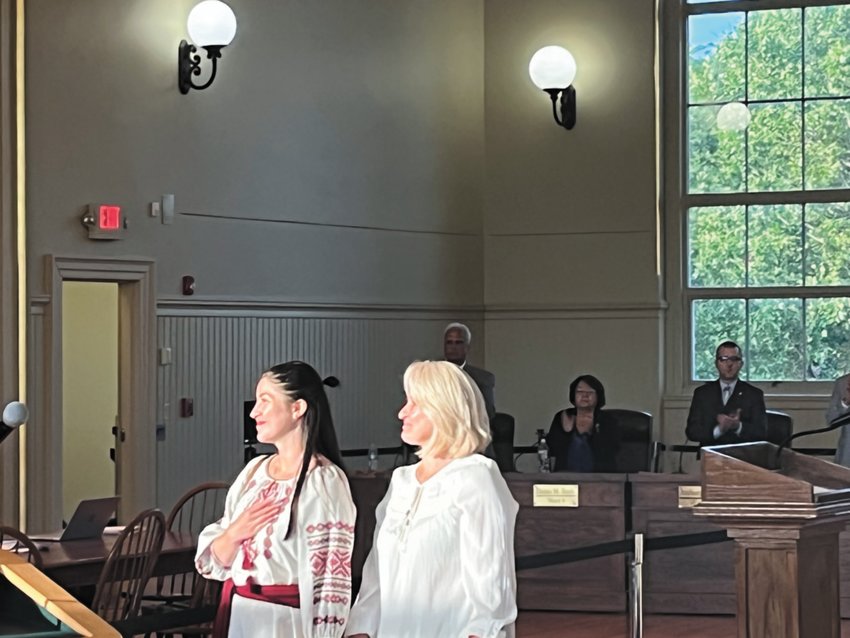 VISITING COUNCIL CHAMBERS: Natalia Fedan a refugee from Ukraine was recgonzed by the Warwick City Council in June. Fedan is staying in Warwick with her daughter Dana Fedan. (Beacon photo)