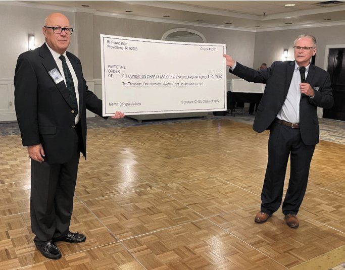 ALLEVIATING EDUCATIONAL COSTS: Michael O&rsquo;Rourke (left) of the 50th reunion committee and former class President of the class of 1972 Gordon Fraser display the funds raised to endow a scholarship at the RI Foundation to benefit future Cranston East graduates. (Submitted photo)