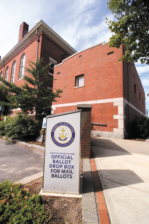 NO DOUBT WHERE IT GOES:  A secure locked box is available for those who prefer to drop off their mail ballots at City Hall. The box is emptied twice daily.  (Warwick Beacon photo)