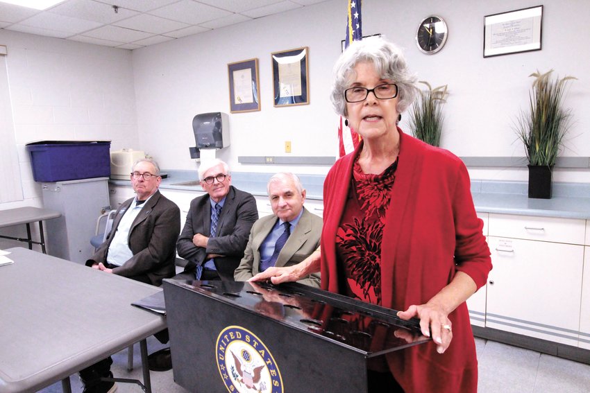 APPLAUDS REED&rsquo;S ADVOCACY FOR SENIORS: Maureen Maigret, policy advisor of the Senior Agenda Coalition of Rhode Island, talks of the importance of increased Social Security benefits to offset the impact of inflation last Wednesday at the Pilgrim Senior Center. Looing on are Roger Beaudreau, of the Employees Retirement System of Rhode Island; his brother Bernie executive director of the coalition and Senator Jack Reed. (Warwick Beacon photo)