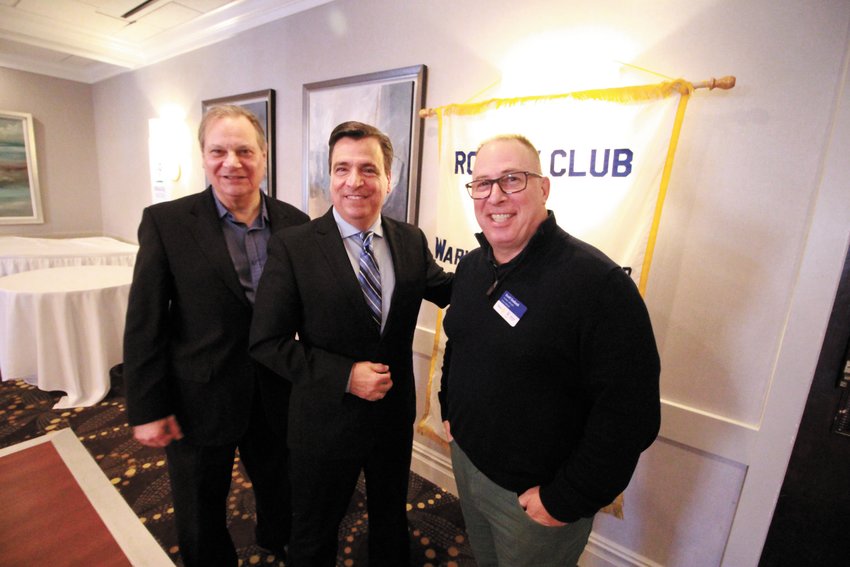 FORECAST FRIENDS: Channel 12 weatherman Tony Petrarca with Rotary Club members Tony Bucci and club president Scott Seaback. (Warwick Beacon photo)