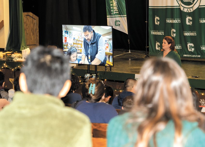 WHAT CODING CAREERS ARE OUT THERE? Cranston High School East and Dutemple Elementary School students watch a short video created by Code.org on Dec. 14, emphasizing the value of computer science-related careers. Cranston East was notified in December that the school won a $10,000 prize to help further computer science education in secondary schools.