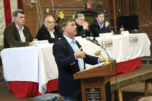 PULLING NO PUNCHES: Former Cranston Mayor Stephen Laffey suggested the state close pension plans at the Searching for Solutions RI Fiscal Crisis forum held by Operation Clean Government in July 2011. Looking on are panelists Rep. Larry Valencia, Edward Mazze of URI and Gary Sasse formerly of the RI Public Expenditure Council and moderator WPRO talk show host Dan Yorke. (Herald file photo)