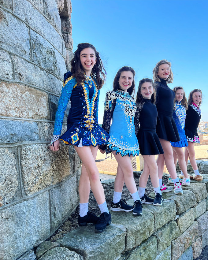 CELEBRATING SUCCESS: Students (left to right) Jillian Ciotola, Brigid, Dadekian, Moira Dadekian, Megan Levett, Molly McBride and Alyssa Kilday pose at The Towers in Narragansett after a successful performance. (Courtesy of The Kelly School)