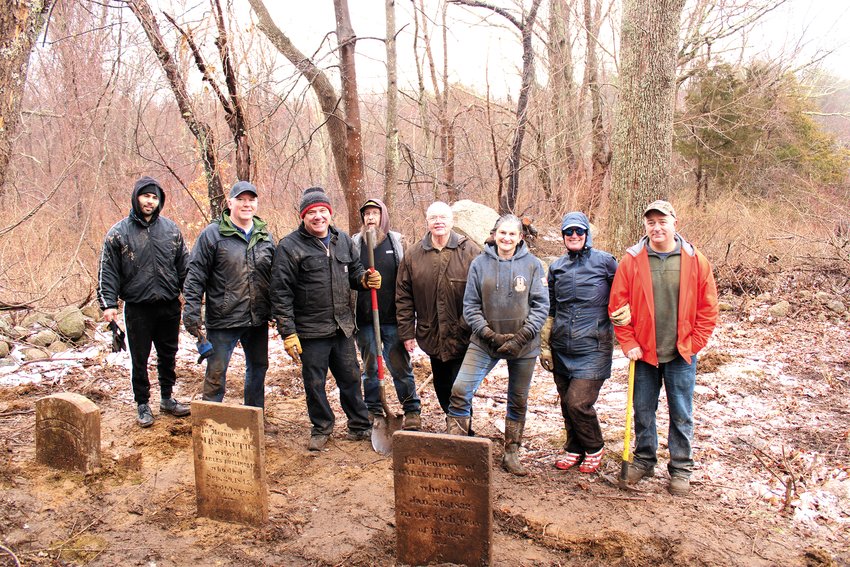 SHOWING HISTORY RESPECT: (Left to Right) James Pati, Pastor Rick Moore, Councilman Richard Campopiano, Pastor Ken Postle, Vice-Chairman of the Cranston Historical Cemeteries Commision Paul Tognetti, Mary Gilmore, Mandy and Vin Delloiacono celebrate a job well done. (Herald photo by Ed Kdonian)