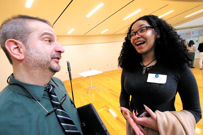 SPEAKING UP FOR GOLD: Toll Gate coach Steve Belanger broke the news to Ahmainy Garcia that she won a gold medal in speech and then inquired if she would be comfortable presenting it before the audience at the awards ceremony. Without hesitation, Garcia said yes.  (Warwick Beacon photo)