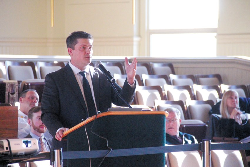 WITH A PLAN TO FUND RETIREE HEALTH CARE: Joseph Newton of GRS Consulting, the City&rsquo;s actuary, outlined a 30 year plan to address $395 million in unfunded city liability to pay for retiree health care benefits. (Warwick Beacon photo)