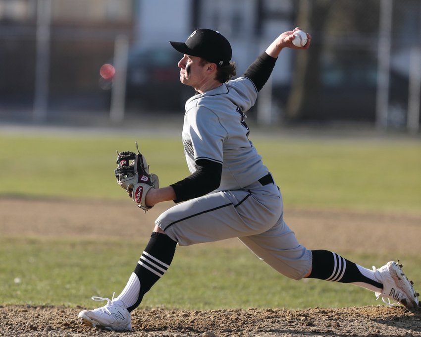 ON THE BUMP: Pilgrim starting pitcher AJ Ferreira deals. (Photos by Mike Zawistoski)