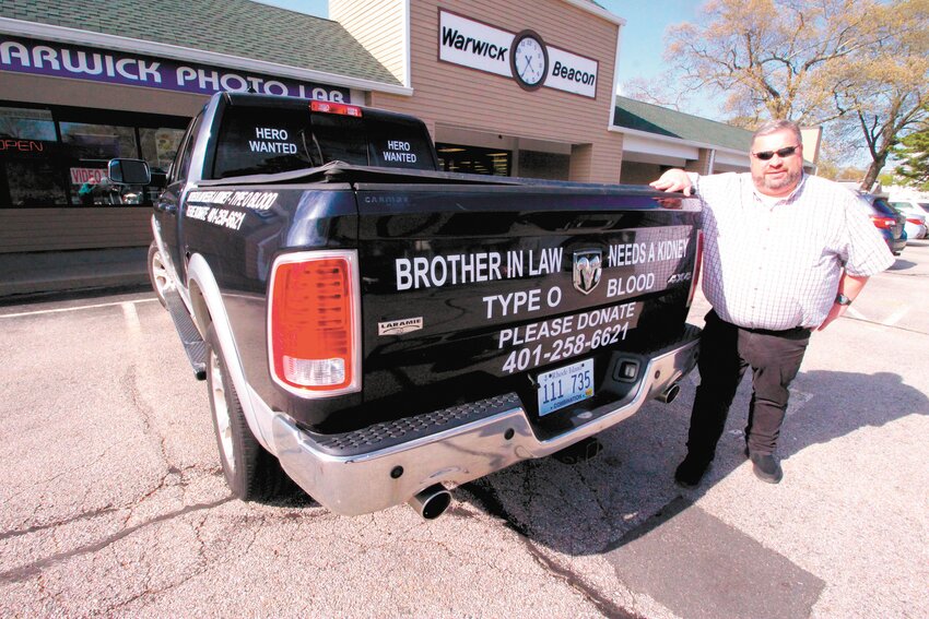 ON THE ROAD TO FIND A MATCH: Using his truck to get out the word Jim Small found  a kidney donor for his wife. Now he&rsquo;s doing it again in hopes of finding a match for his brother in-law.  (Warwick Beacon photo)