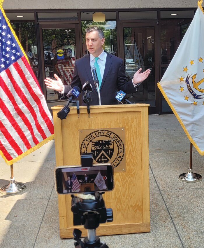 INVEST TO PROTECT: Rhode Island Rep. Seth Magaziner (D-2) joined Warwick Mayor Frank Picozzi and Warwick Police Chief Col. Bradford Connor to announce his co-sponsorship of the Invest to Protect Act, &ldquo;a bill to invest $50 million per year in training, recruitment, and mental health resources for small and mid-sized police departments.&rdquo; (Herald photo by Rory Schuler)