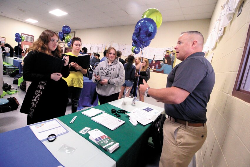 FREE START TO COLLEGE: Mike Hynes of CCRI had the attention of students when he told them of the Rhode Island Promise program and how they could have two years of free CCRI tuition giving them a two-year jump on a four-year degree. (Warwick Beacon photos)