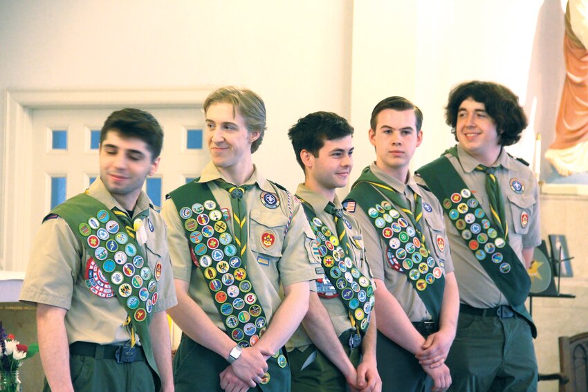 NEST OF EAGLES: The young men recognized Saturday at an Eagle Scout Court of Honor &ndash; all from Troop 4 Gaspee Plateau &ndash; are from left: Harry Dolan, Matthew Weeden, Benjamin Fontaine, Samuel Paolino and Nicholas Maroni. As part of the ceremony, in recognition of their parents, the Eagles affixed pins on the lapels of their fathers and mothers who stood behind them for a portion of the event. Former Scoutmasters Christopher Fowler and Joseph Fontaine participated in the ceremony and shared stories about the boys.