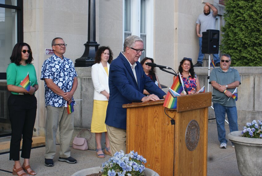 IN THIS TOGETHER: Mayor Ken Hopkins steps up to the podium to say his own words of support for the LGBTQ+ community.  (Photos by Steve Popiel)