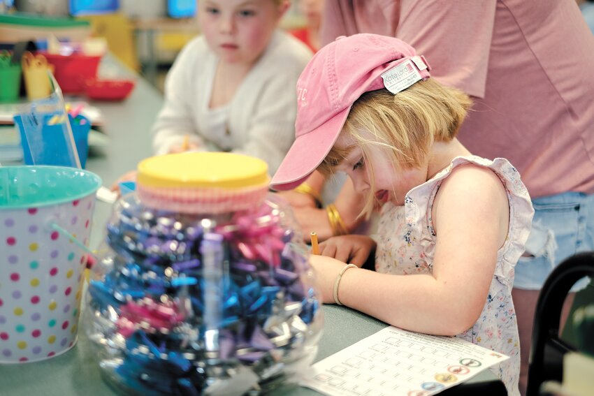 BEST GUESS: Nora Rosewell writes down her guess for how many baubles are in the jar in the children's section.