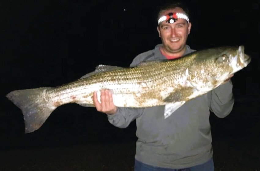 STRIPED BASS BITE: Brendan Watson of Barrington, RI caught this 40-pound striped bass when fishing the beach at Falmouth Heights with his father Brian. (Submitted photo)