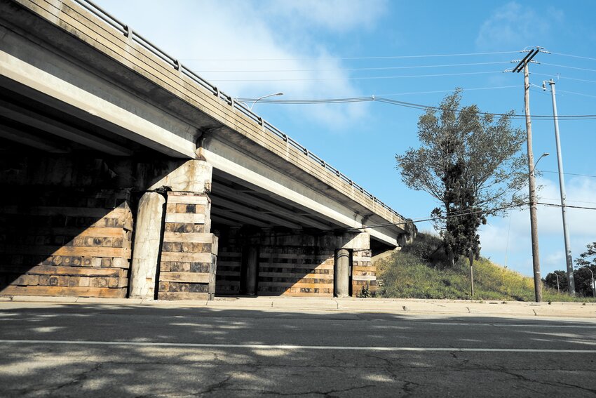 IT WILL BE GOING: Now supported with wooden logs, the bridge supporting the on and off ramps to the Post Road and Route 37 will be demolished to make way for a ground level  traffic light controlled intersection.  (Warwick Beacon photos by Will Steinfeld)