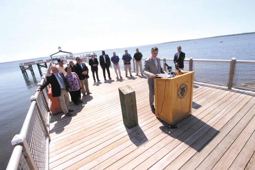 &ldquo;MOST BEAUTIFUL&rdquo; was how Mayor Frank Picozzi described Rocky Point Park in announcing the park will be the site of the traveling Vietnam Wall this September at a press conference Tuesday. Congressman Seth Magaziner, seen at the podium, was one of several speakers at the event held at the park fishing pier. (Warwick Beacon photo)