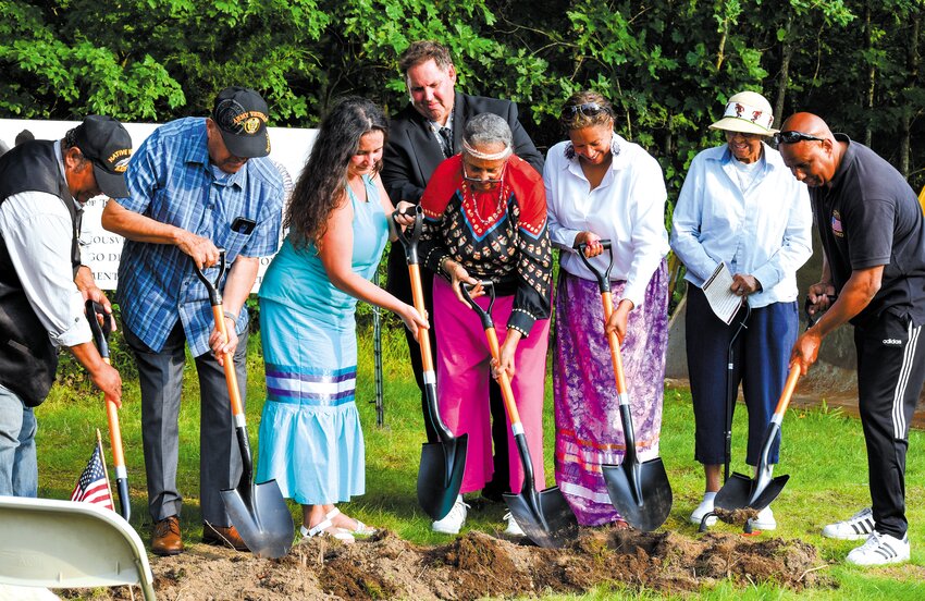 BREAKING GROUND: Six Indigenous veterans dug their shovels into the ground, officially initiating the construction of the Indigenous Veterans Memorial. (Warwick Beacon Photos by Dana Richie)