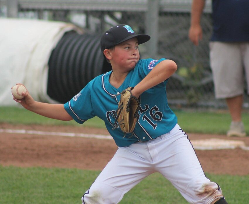 WINDING UP: CWLL pitcher Brayden Leveillee delivers a pitch earlier this week. (Photos by Alex Sponseller)