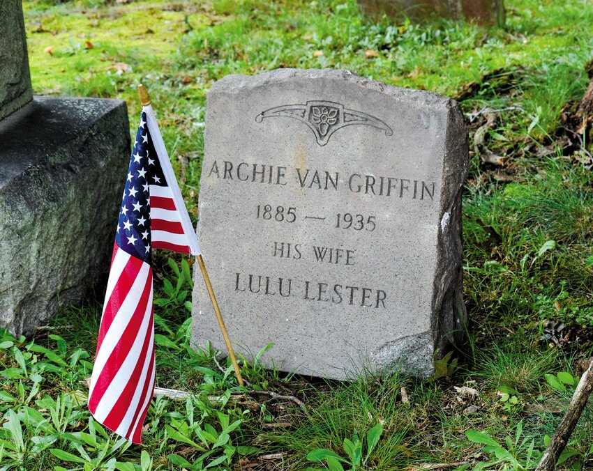 VAN GRIFFIN HEADSTONE: The gravestone of Archie Van Griffin was in a closet in the basement of Sayles Hall on Brown University&rsquo;s campus for decades until it was returned to Brayton Cemetery in Warwick in mid June. Currently, it rests on the earth in a shady spot by the grave of Bertha Griffin, a suspected relative. (Warwick Beacon photos by Dana Richie)