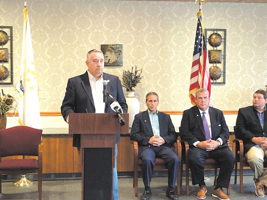 REDEDICATED A DECADE ON: Tim Howe speaks about the Nick Cardi RIMO Lounge and how it&rsquo;s changed in the ten years since it first opened. Behind him (L-R) are Mayor Frank Picozzi, Secretary of State Gregg Amore, and City Council President Stephen McAllister. (Warwick Beacon photo by Adam Zangari)