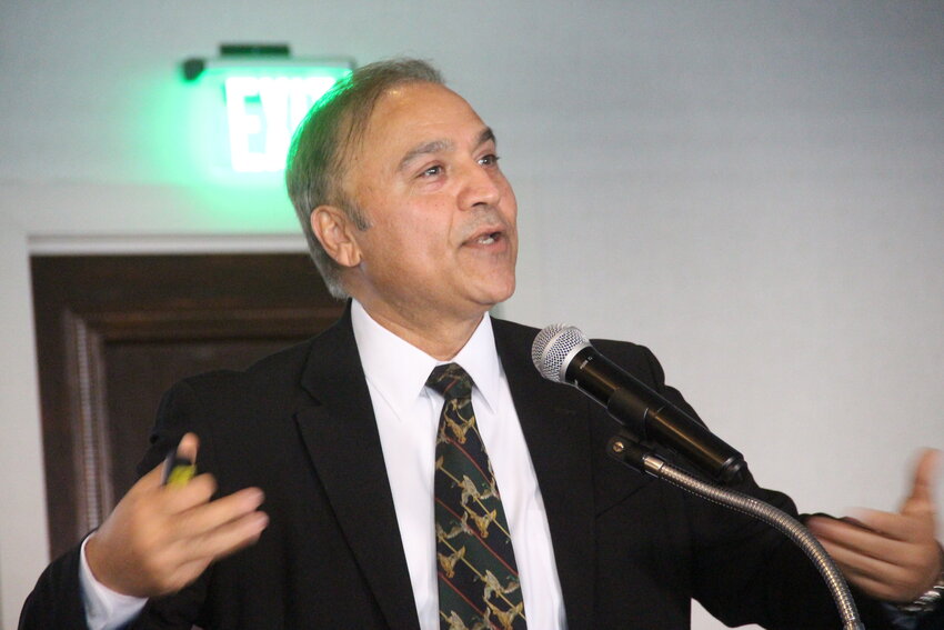 THE GOOD NEWS: Iftikhar Ahmad, T.F. Green&rsquo;s president and CEO highlighted developments including the growth of Breeze Airways with members of the Warwick Rotary Club at a luncheon meeting in November. (Warwick Beacon photo)