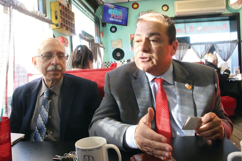 NO MORE GRAVY TRAIN: Speaker of the Rhode Island House of Representatives, Warwick state Rep. K. Joseph Shekarchi, and his Director of Communications, Larry Berman, joined Beacon Communications editors for breakfast on Friday morning. (Beacon photo by John Howell)